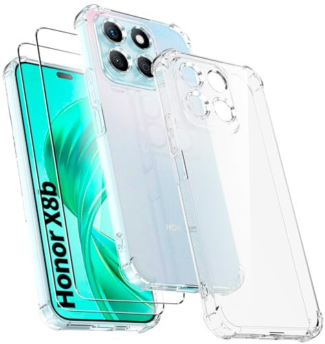 Ikziwreo - Cover per Honor X8B con 2 pezzi in vetro temperato, custodia in silicone TPU trasparente morbido [paraurti con angoli rinforzati], protezione trasparente antiurto