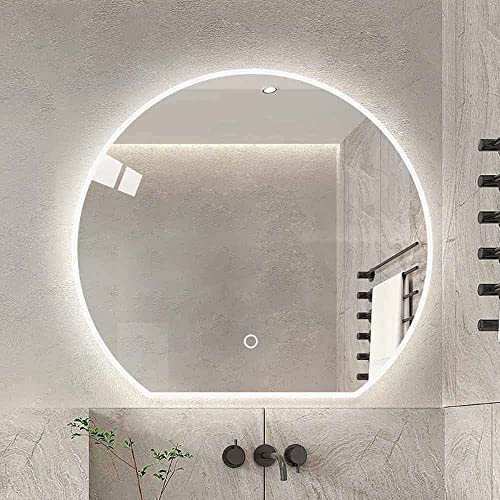 Specchio da Parete per Bagno,Specchio cosmetico a Mezzaluna per Parete Specchio Decorativo antiappannamento con Luce Tricolore HD Specchio Decorativo a LED con Interruttore tattile per Soggiorno d'