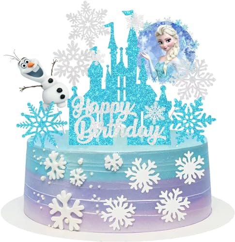 8 Pcs Cake Toppers For Girls, Glittery Princess Party Decoration Snowflake Cartoon Birthday Cake Decorations