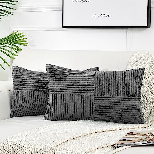 FDTERN Lot de 2 Boho Housse de Coussin 30x60 Gris Foncé,à Motif Croisé Decoration Housses de Coussin en Velours Côtelé,Douillet Taie d'oreiller Housse Coussin Moderne pour Canapé Chambre Chaise Lit