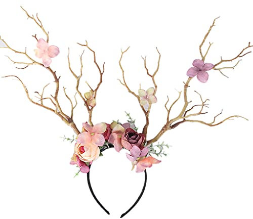 Bandeau floral en corne d'élan pour femme - Serre-tête en bois de cerf - Guirlande florale - Accessoire pour cheveux