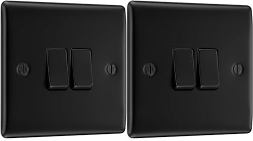 BG Electrical Double Light Switch, 20A, 2 Way, Matt Black (Pack of 2)