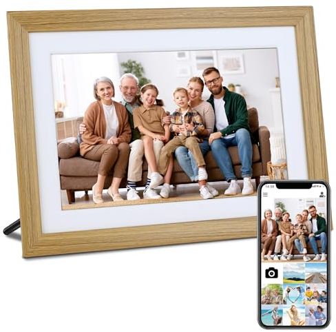 Veidoo Cadre Photo Numérique WiFi, Écran Tactile 10 Pouces, 32 Go Mémoire, Rotation Auto, Musique/Vidéo/Calendrier/Horloge, Partagé Via APP Frameo, Cadeau pour la Famille (Burlywood)
