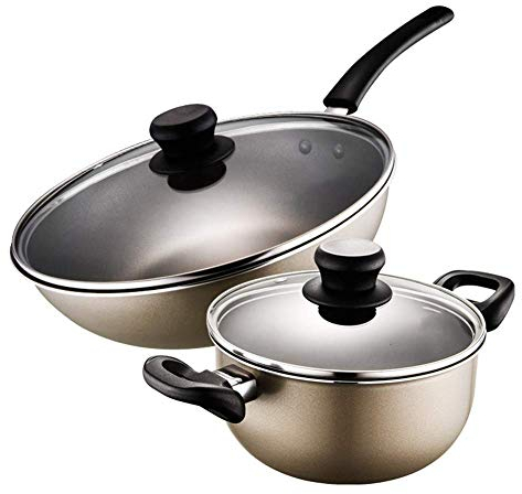 DDKYHU Juego de Olla de Cocina de 2 Piezas, con Tapa de Vidrio, Sartén Antiadherente, en Todo Tipo de Cocinas, Inducción, Gas, Cerámica, Eléctrica (1 Olla, 1 Wok) Sartén Grande