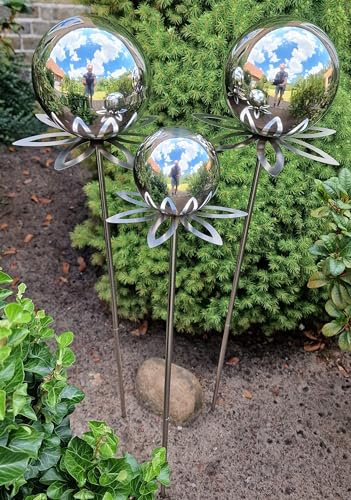 Jürgen Bocker Garten-Ambiente Blütenzauber Paris Rosenkugel 3er Set 15/15/10 cm Edelstahl Gartenstecker Deko mit Stab 80 cm (Silber poliert)
