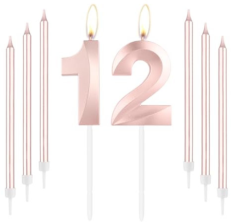 mciskin Rose Gold 12 Birthday Candles-Number 12 Candle for Cake with Long Thin Candles Set, Rose Gold Cake Topper for Girl 12th Birthday Decorations Supplies,12th Wedding Anniversary Decorations