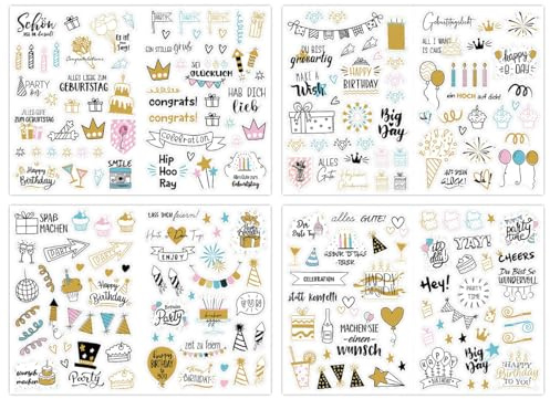 Lhbwhiz 225 Stück Geburtstag Sticker Set,Erwachsene Transparenter Matteffekt Gästebuch Glitzer Deutsch Aufkleber,für Karten Fotoalbum Party-Deko Geburtstagskarten