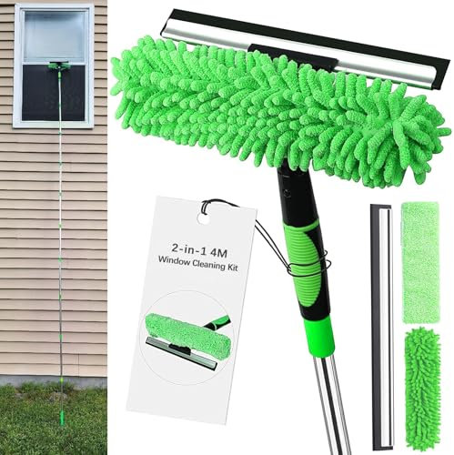 Ausziehbarer Fensterreiniger, 2-in-1-Fensterreinigungsgerät, Teleskop-langes Fensterreinigungswerkzeug für hohe Fenster, Heim- und Bürogebrauch, mit 2 Mikrofasertüchern und Rakelklinge (grün)