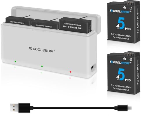 COOLSHOW Osmo Action 6 5 Pro/4/3/Osmo 360 Akku 2100mAh 2 Stück und Osmo Action 6/5/4/3/360 Akku Ladegerät Set Kompaktes tragbares Ladegerätdesign Kompatibel mit DJI Osmo Action 6/5 Pro/4/3,Osmo 360