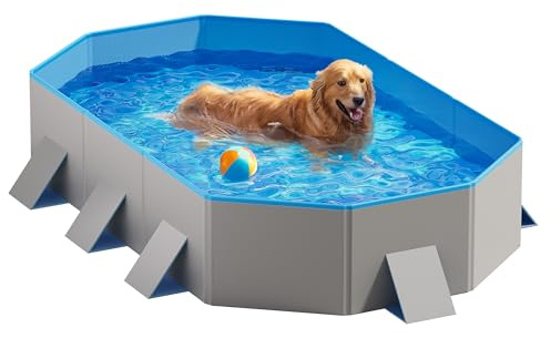 Peteast Foldable Dog Pool with Sturdy Round Design, Durable 71 Lx39 Wx12 D Extra Large Portable Pet BathTub with Reinforced Sidewalls for Stability, Ideal for Indoor & Outdoor Use (Blue&Gray)