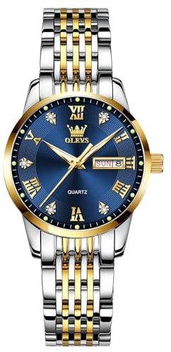 OLEVS Damen Uhr Blau Kleines Gesicht Luxus Diamanten Armbanduhr Damen Gold Silber Edelstahl Analoger Quarz lumineux, Cadran bleu 5008/bracelet doré et argenté, Damenuhren Uhren