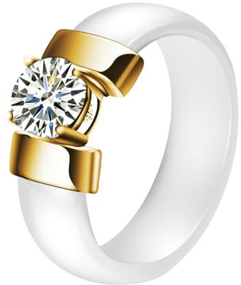 Skcess Damen Ring Frauen, 6MM Edelstahl Keramik Weiß Ringe mit Rundem Zirkonia Eingelegt Verlobungsringe für Männer Frauen 57 (18.1)