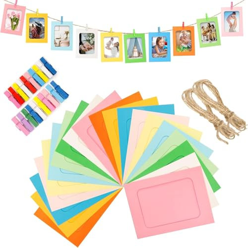 YANGWEN 20 Piezas Marcos de Fotos de Papel Kraft 10x15 cm, Guirnalda Colgante con Clips de Madera y Cuerda de Cáñamo - Decoración DIY para Bodas, Cumpleaños, Aniversarios