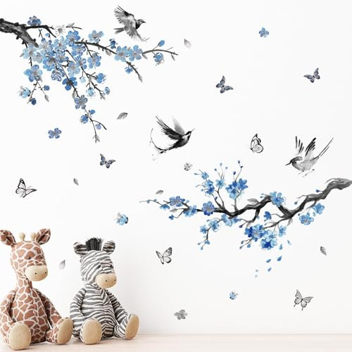 2 PCS Wall Stickers for Bedrooms, Watercolor Blue Flower Branch Wall Decals with 1Pcs Scraper,Flower Wall Stickers 90 * 28.5cm Suitable for Bedroom Living Room Sofa TV Background Decoration