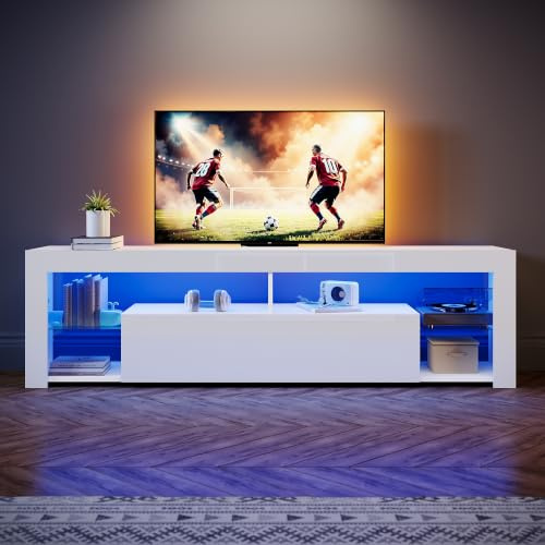 SONNI Lowboard mit LED (16 Farben) 180x35x50cm Glasböden Hochglanz Schwarz | TV-Schrank für Fernseher bis zu 65 Zoll, Fernsehtisch mit Klapptürfach, TV-Regal für Wohnzimmer, Esszimmer, Schlafzimmer