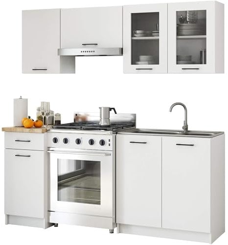 AKORD | Conjunto de Muebles de Cocina Oliwia | Completa Pequeña | Mueble Modular | A Medida 180 cm | Modulares Pequeñas | Blanco con Vitrina