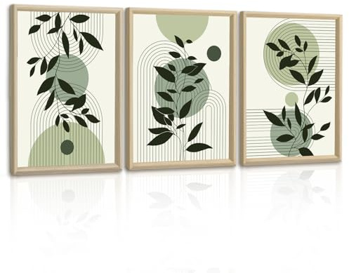 3Pcs Boho Ästhetisch Grün Blatt Leinwandbilder Bilder Set mit Rahmen Rund Geometrisch Linie Bilder Moderne Wandbilder Schlafzimmer Bild Auf Leinwand Kunstdruck Deko für Wohnzimmer Aufhängen 30x40x3