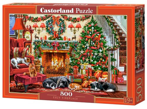 CASTORLAND 500 Piece Jigsaw Puzzles, Cozy Fireplace, Christmas Living Room, Decorated Tree, Fireplace and Sleeping Dogs, Festive Holiday Art., Adult Puzzle, B-54060