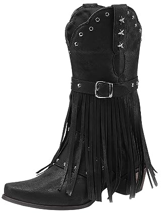LCpddajlspig Stivali Texani Donna Vintage Camperos ​​con Franges Stivaletti Cowboy ​​Borchie Boots ​​A Punta​​ in Pelle Scamosciata​​ Stivaletto Fibbia ​​con A Blocco Nere 41