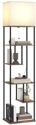 HOMCOM Lampadaire avec étagères LED Dimmable 3000K-6500K Brun Rustique | Lampadaire sur Pied de Salon, Variateur d'Intensité, Télécommande, Interrupteur à Tirette