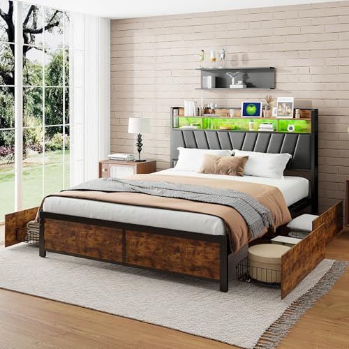 FUCMKON Metallbett 180x200 mit 4 Schubladen,Kopfteil mit Staufach und LED & USB-Buchse, Polsterbett Doppelbett,Jugendbett,Stauraumbetten,Bettrahmen,Lattenrost,PU,Ohne Matratze (Schwarz B, 180x200 cm)
