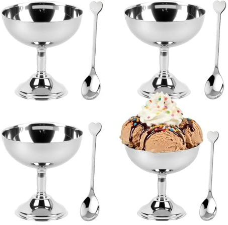 Hapivida Set of 4 Ice Cream Sundae Bowls, 270ml Stainless Steel Dessert Cups with Spoons Footed Trifle Bowl Serving Dishes Mini Milk Shake Cups for Ice Cream Desserts Pudding Fruit Appetizer Salad