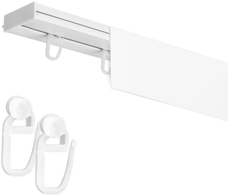 Fenster DEKOR Gardinenschiene mit Blende 1-läufig – PVC Vorhangschiene zur Deckenmontage, Deckenschiene für Vorhänge, Weiß, mit Haken mit Rolle, 300 cm