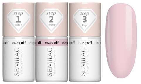 Semilac Easy Off LED Light Nagellack Bundle – Base, L11 Pink Marshmallow Farbe & Top Coat für 12 Tage Glanz, einfache Entfernung ohne Aceton, Fräser oder Feilen