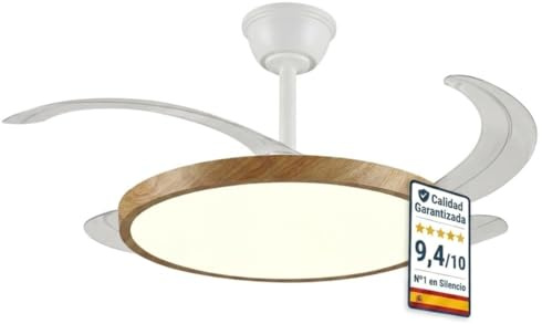 Lampara Techo con Ventilador | Ventilador Retractil Techo Silencioso | Aspas Plegables y Motor DC 30W Potente, 6 velocidades, Función Verano Invierno con temporizador | Luz LED 40W dimable (Madera)