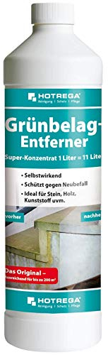 HOTREGA Grünbelagentferner Super-Konzentrat 1:10 | Selbstwirkender Algenentferner für Terrasse, Dach, Stein, Holz und Kunststoff, pH-neutral und rutschhemmend 1 Liter