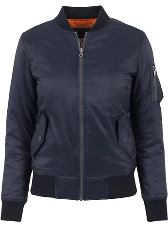 Urban Classics Damen Basic Bomber Jacket – Klassische Übergangsjacke im Regular Fit mit Ärmeltasche, Reißverschluss und kontrastfarbenem Innenfutter für Streetwear & Freizeit,Navy,L