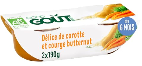 GOOD GOÛT - Délice De Carotte Et Courge Butternut - Plat Cuisiné Pour Bébé - Dès 6 Mois - Purée Lisse - Fabriqué En France - Bols Micro-Ondables - 2x190g