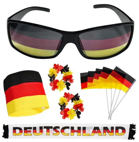 Murago - 11 teiliges Fan Set Deutschland - EM Fanartikel Fußballparty Umhang Fahne Armbinde Armband Kette Flagge Dekoration Brille