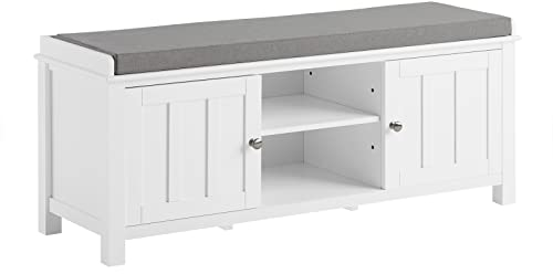 SoBuy Mobiletto basso ingresso Panca contenitore,con 2 armadietti e cuscino,L105cm FSR35-W, Legno, Bianco