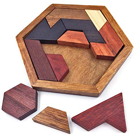 KINGOU Hexagon Tangram Puzzle Wooden Brain Puzzles for Kids & Adult Challenge Wooden Brain Teasers Puzzle Games for Family Party Gift - Brain Games for Kids