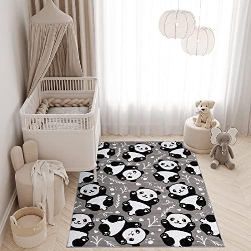 TAPISO Pinky Teppich Kurzflor Grau Schwarz Weiß Modern Panda Bär Teddy Design Kinderzimmer Kinderteppich Spielteppich ÖKOTEX 80 x 150 cm