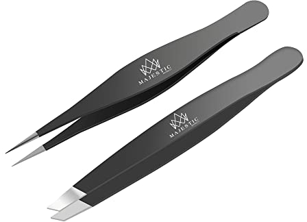 Majestic Bombay Fine Point + Slant Tweezers Splinter, Ticks, Facial or Chin Hair, Brow and Ingrown Hair Removal Set Sharp, Needle Nose, Stainless Steel (Black)