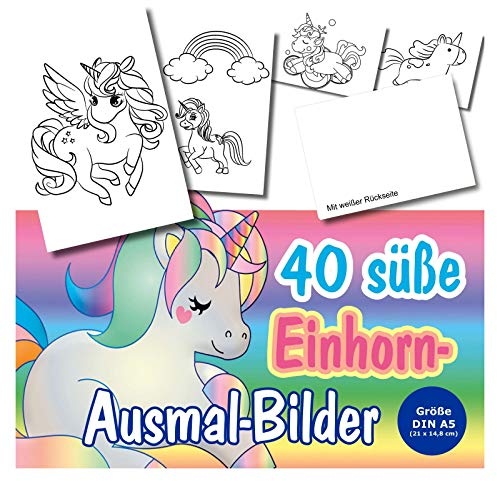 Unser-Festtag Ausmalbilder Einhorn 40 Stück, verschiedene Motive mit Einhörnern. Größe Din A5 (ca. 21 x 14,8 cm)