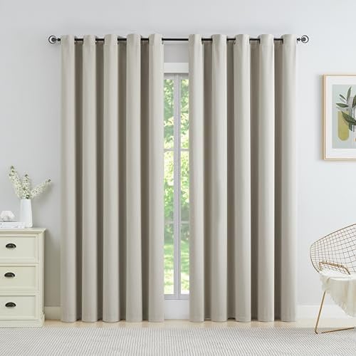 WEST LAKE Beige Thermal Blackout Curtain 90 x 90 Drop Triple Weave Energy Saving Drape Extra Wide Noise Reducing Blackout Window Treatment 2 Panels for Rustic Living Room, Putty