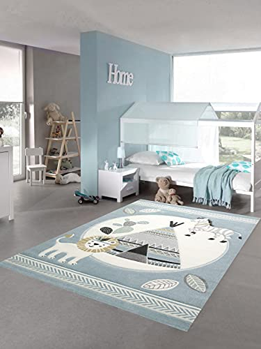 Teppich-Traum Kinderzimmer Teppich Spielteppich Indianer Zelt Löwe Zebra Kaktus blau Creme grau Größe 80x150 cm
