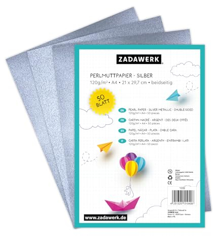 ZADAWERK® Perlmuttpapier - 120 g/m²- A4 - Silber - 50 Stück - Bastelpapier - Briefpapier silbrig schimmernd - bedruckbar - Tintenstrahl - Laserdrucker