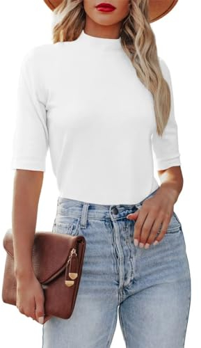 Dressmine Women's Summer Plain T-Shirt Mock/Turtle Neck Short Sleeve Tops Slim Fitted Casual Cute Blouse White Medium, (UKFBAUK|CN121T_WH_M)