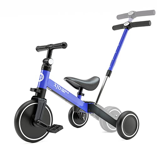 XJD 4 in 1 Laufrad Dreirad, Kinder Dreirad ab 1 Jahr mit Schubstange, Laufräder Lauffahrrad mit verstellbarem Sitz und Lenker,Baby Fahrrad von 1-3 Jahren Jungen Mädchen (Blau)
