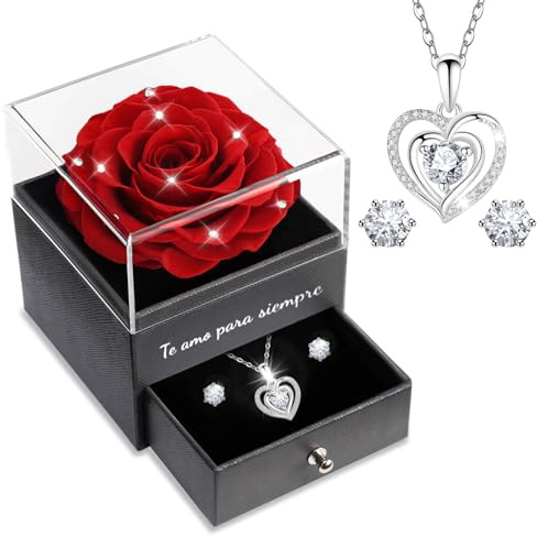 Sunia Regalos Originales para Mujer,Rosa Eterna con Collar y Pendientes de Corazón Plata de Ley 925,Rosa Eterna Natural Preservada Regalos para Mama Abuela,Regalo Navidad San Valentin Dia de la Madre