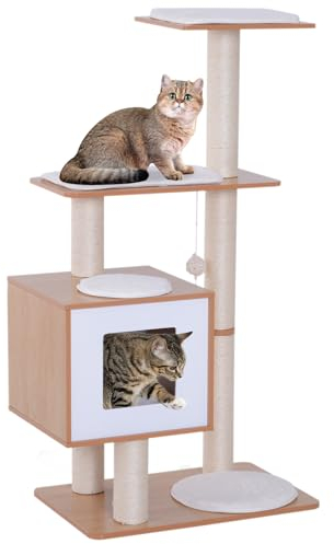 PawHut Árbol Rascador para Gatos de Madera 71,5x49,5x120 cm Torre de Gato con Cueva Plataformas Postes Rascadores de Sisal Cojines de Felpa Suave y Bolas Colgantes Natural