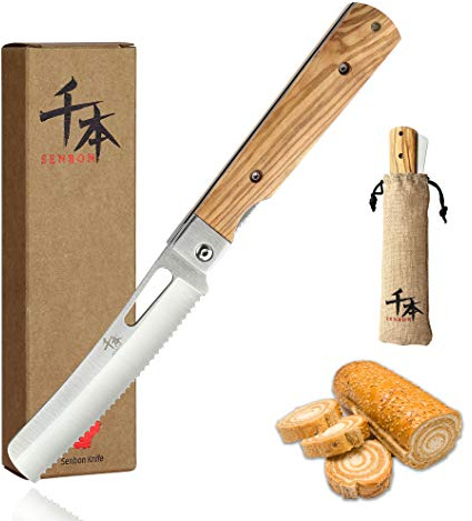 SENBON 440A couteau à pain japonais pliant de poche en acier inoxydable poignée d'olive naturelle Camping voyage couteau Portable en plein air