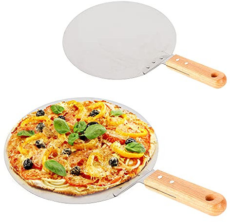 Pala para pizza con gran superficie de mango de madera, pala de metal para pizza redonda de acero inoxidable para pizza casera