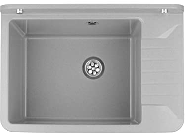 VBChome Ausgussbecken 50 x 35 x 18 cm Grau Spülbecken Waschtrog mit Überlauf Waschbecken für Gewerbe Waschraum Garten inkl. Ablaufgranitur