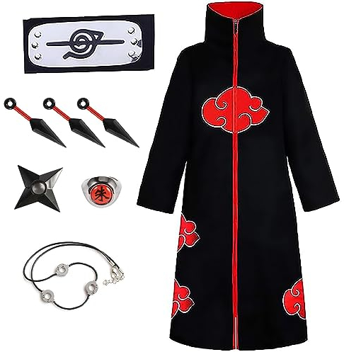 Akatsuki Mantel für Kinder Erwachsener Unisex Cosplay Kostüm, Cosplay Halloween Party Kostüm Umhang mit Stirnband (schwarz, 165-175cm)