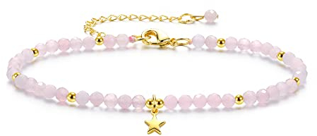 JSDDE Damen Perlenarmband mit Kleine Stern Anhänger facettierte Perlen Glücksarmband Freundschaftsarmband Naturstein Armband Geschenk für Weihnachten Muttertag Geburtstag (Rosenquarz)
